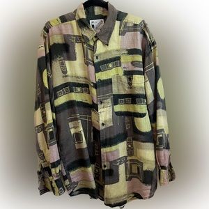 90s Goouch Linen Abstract Patterned Oversized Fit Shirt
